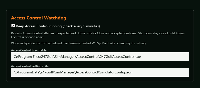 WPF Access Control Watchdog settings with enabled toggle and installed paths