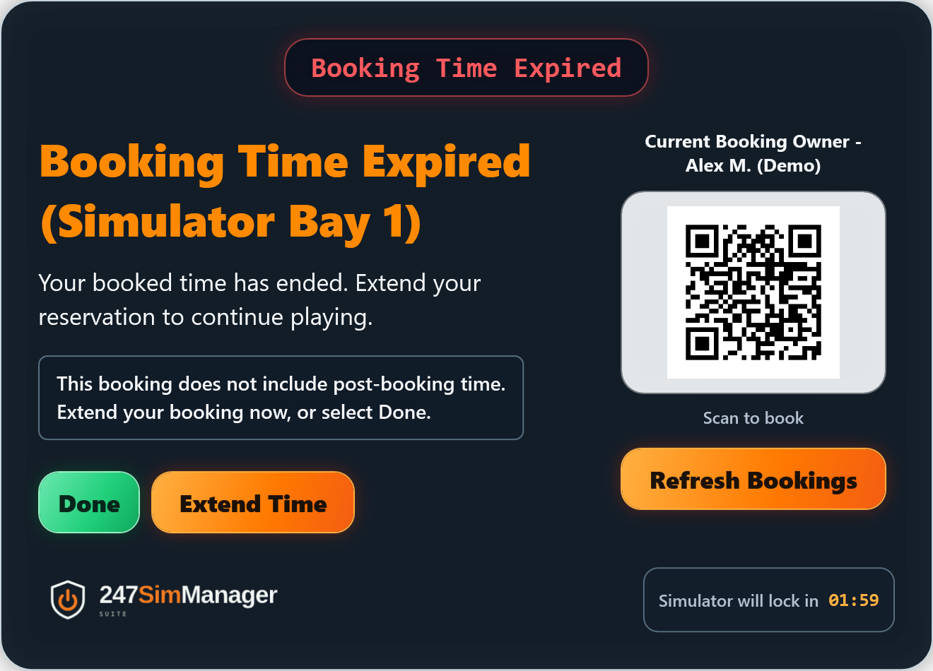 Booking end without buffer showing green Done and visible sample QR code