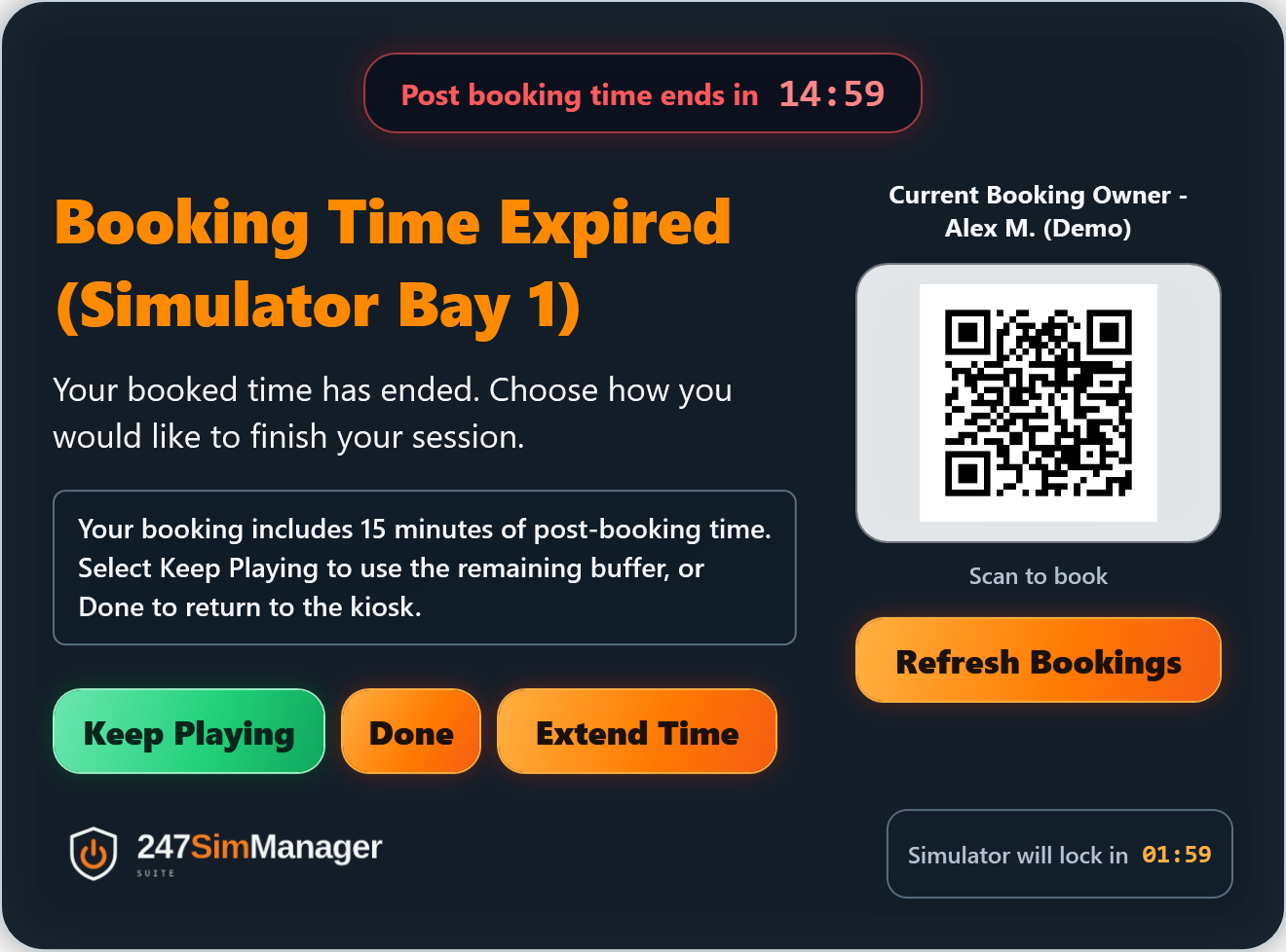 Booking end with green Keep Playing, orange Done and Extend Time, and sample QR code