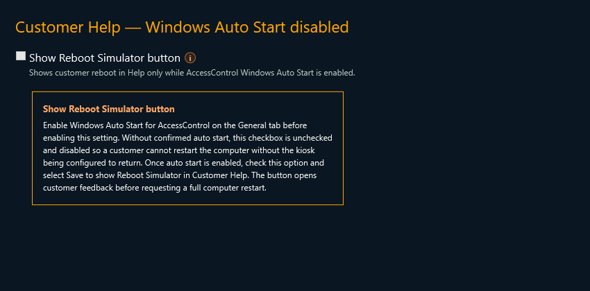 Unchecked disabled reboot setting with its Windows Auto Start help tooltip