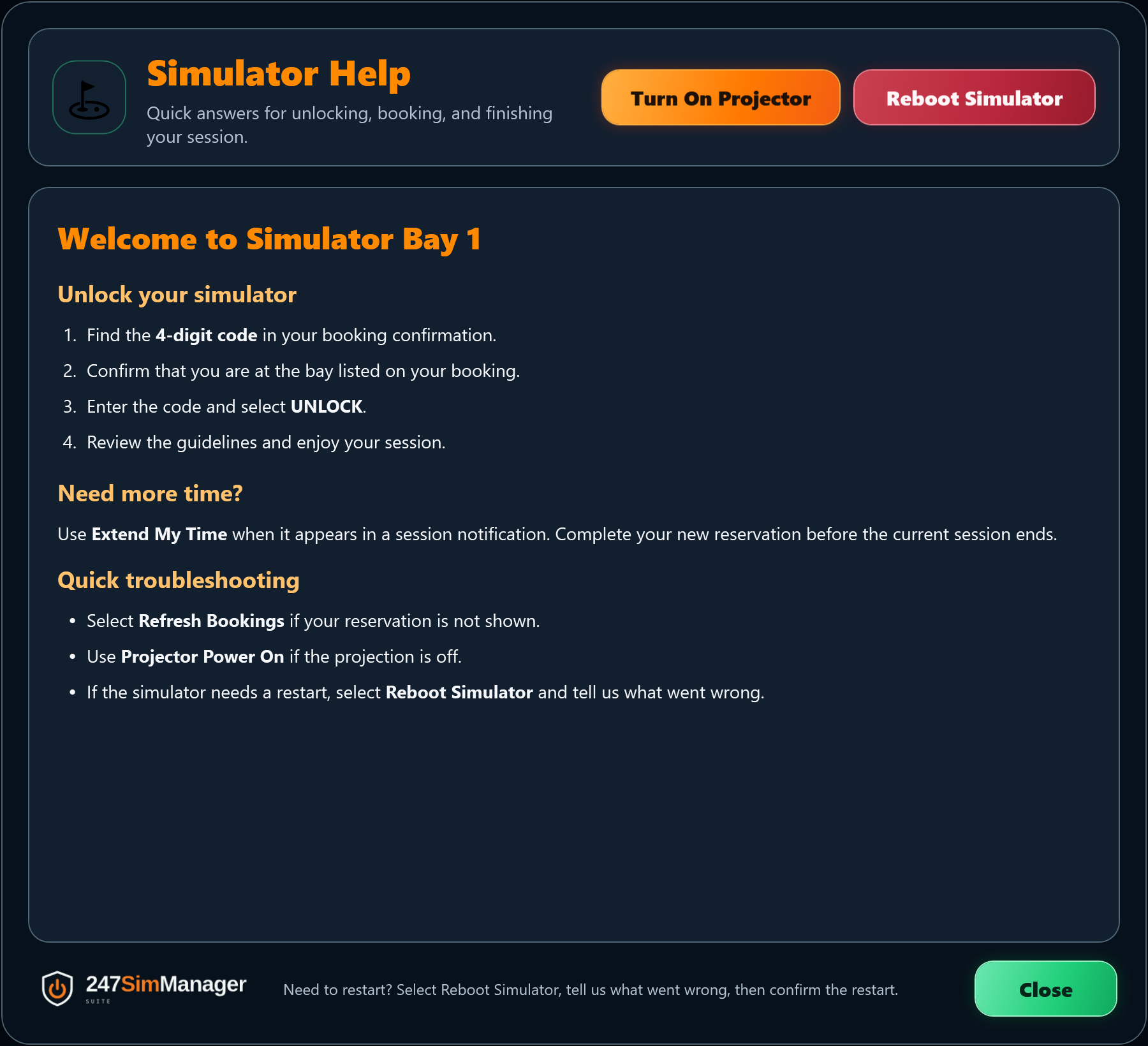 Help with red Reboot Simulator at top right and green Close at bottom right