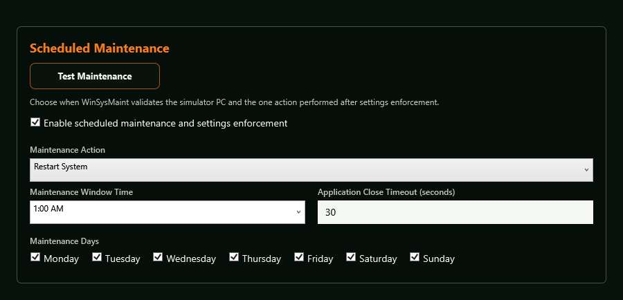 WPF maintenance settings with Settings enforcement only and Restart System options