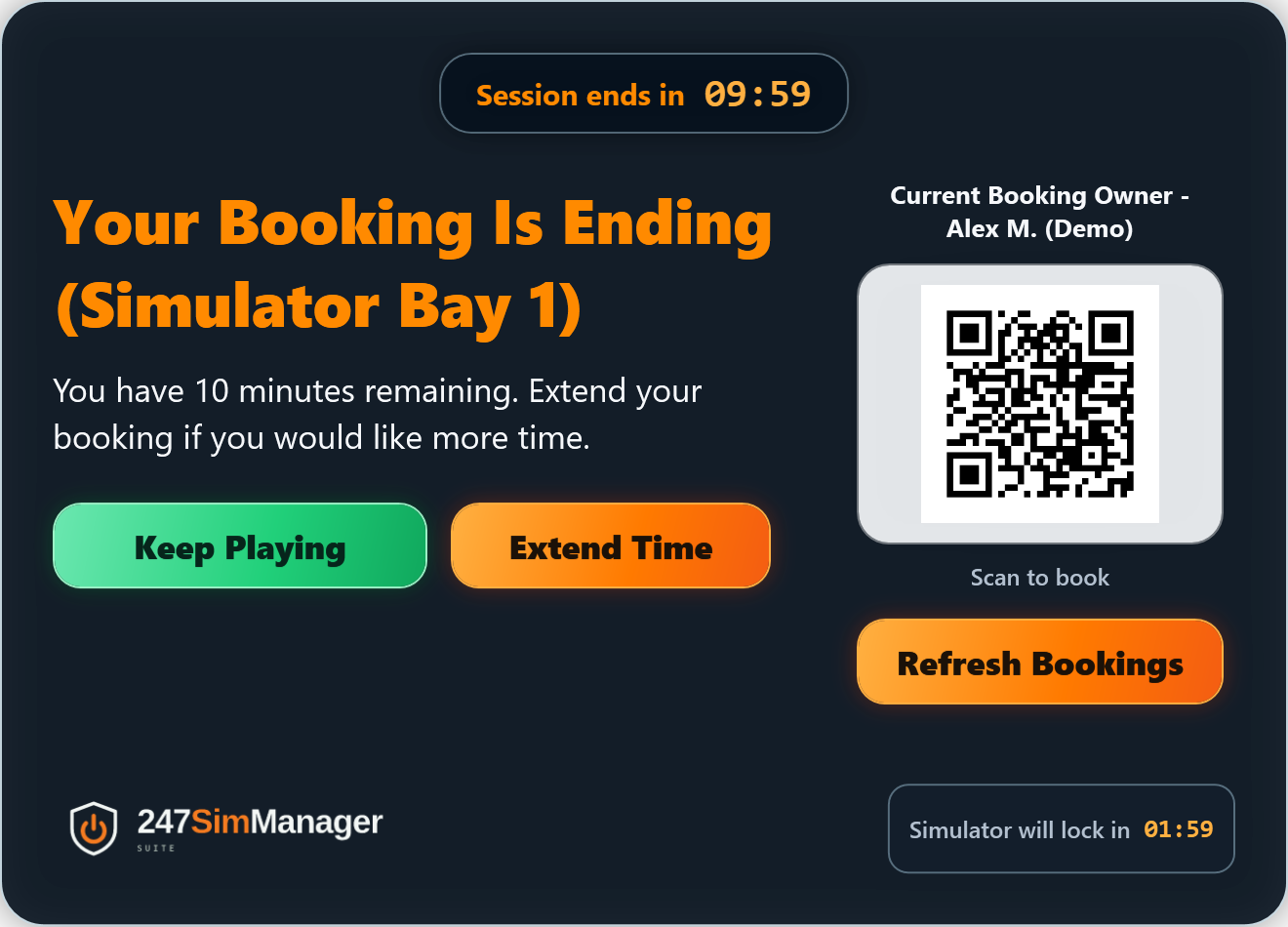 Booking ending soon dialog with green Keep Playing and visible sample QR code