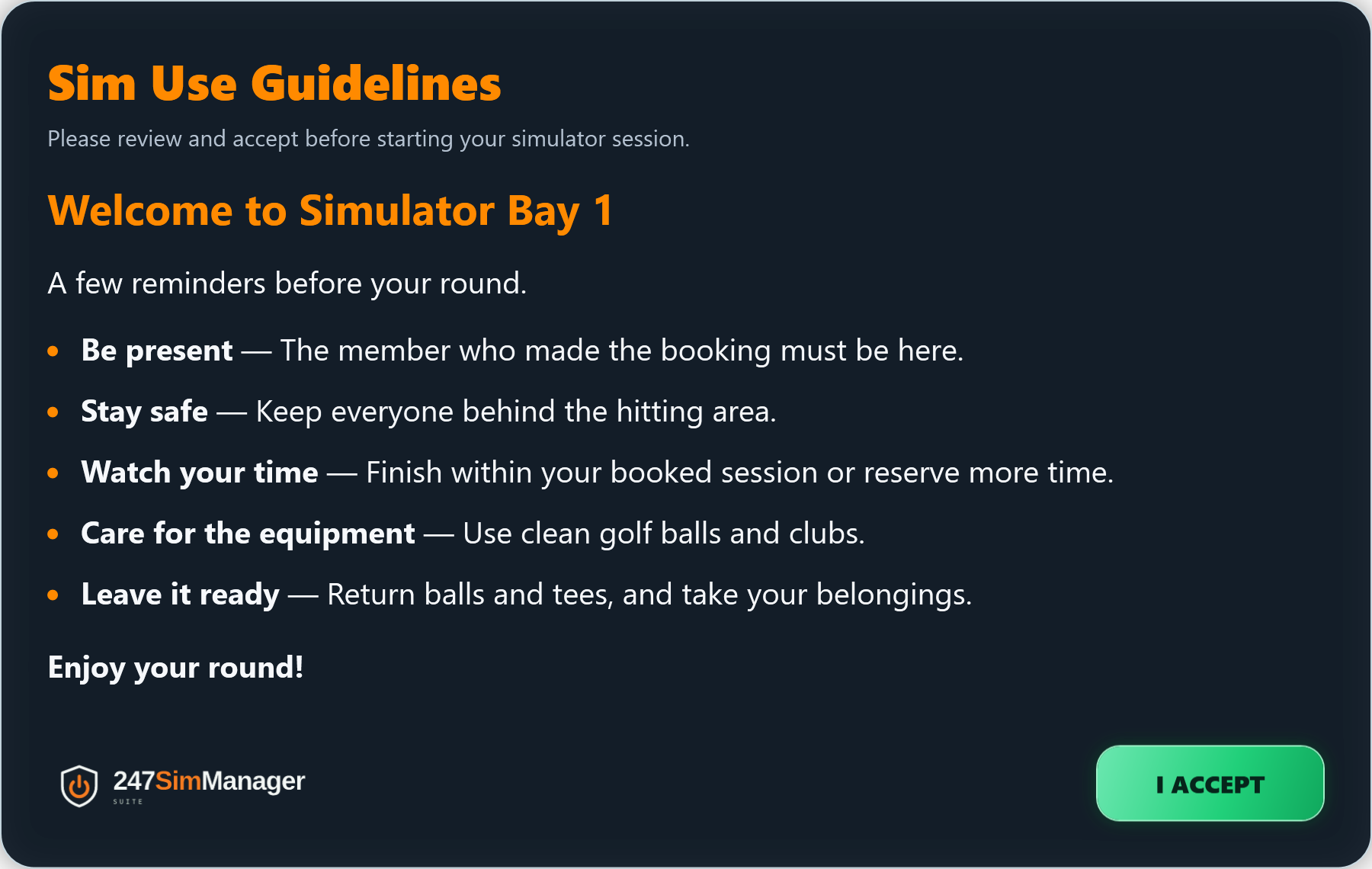 Sim Use Guidelines with green I ACCEPT button