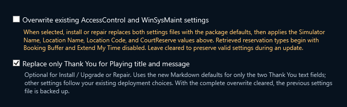 Deployment Manager options with full settings overwrite cleared and Replace only Thank You for Playing title and message selected