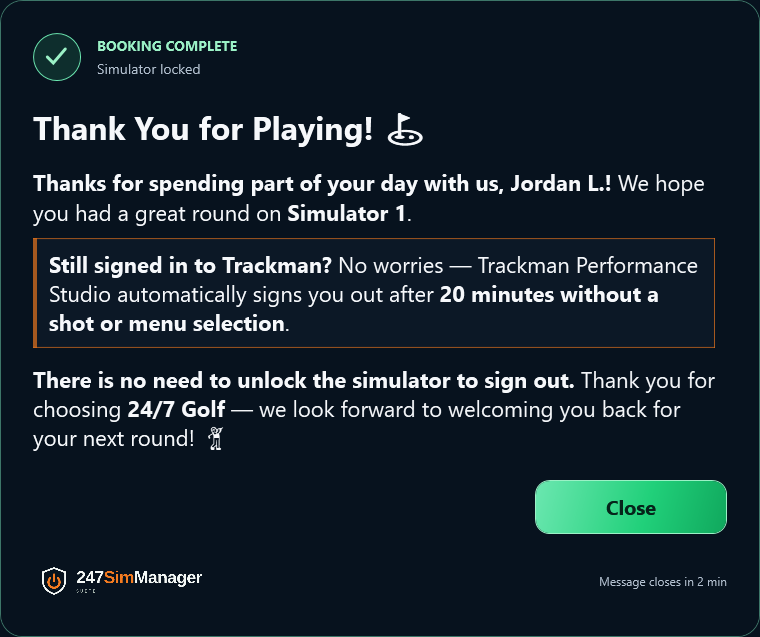 Markdown Thank You for Playing card with golf emojis, personal thanks, a TrackMan callout, Simulator locked status and green Close button