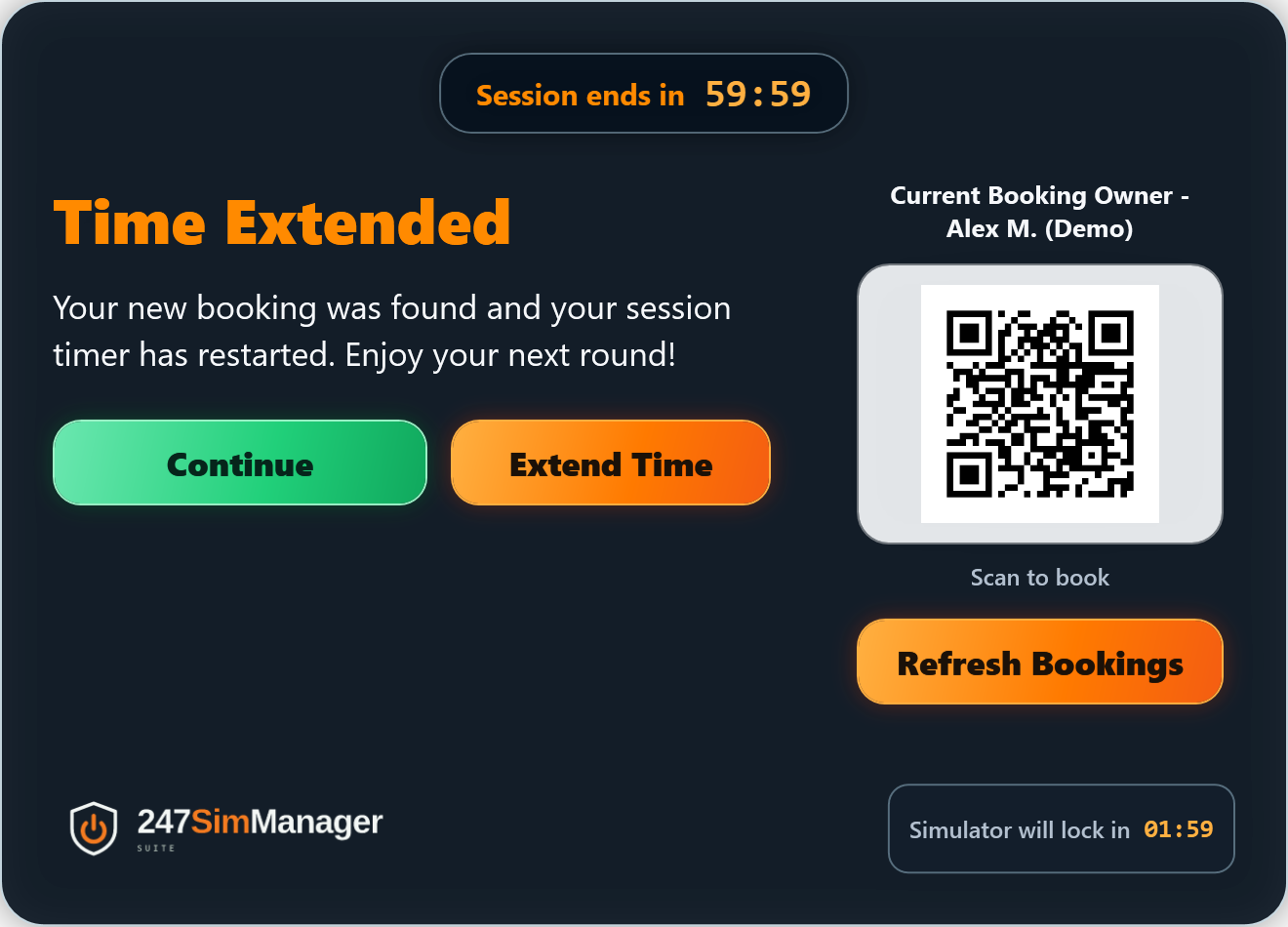Time Extended confirmation with green Continue and sample QR code