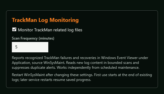 AccessControl TrackMan Log Monitoring card with monitoring enabled and a five-minute scan frequency
